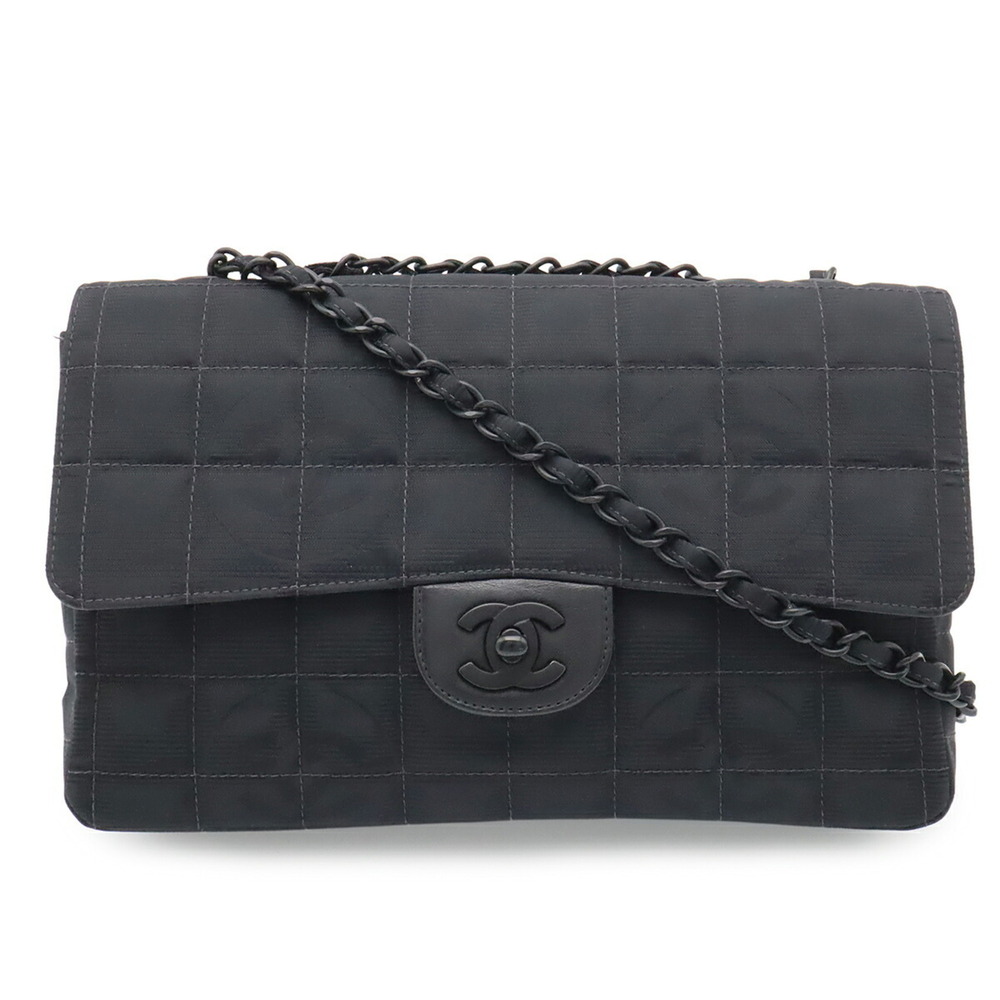 CHANEL New Travel Line Chain Bag Shoulder Nylon Jacquard Leather Black A15285